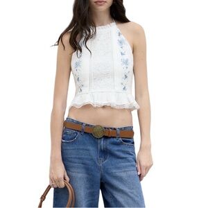 White Floral Lace Halter Top (Size XL)